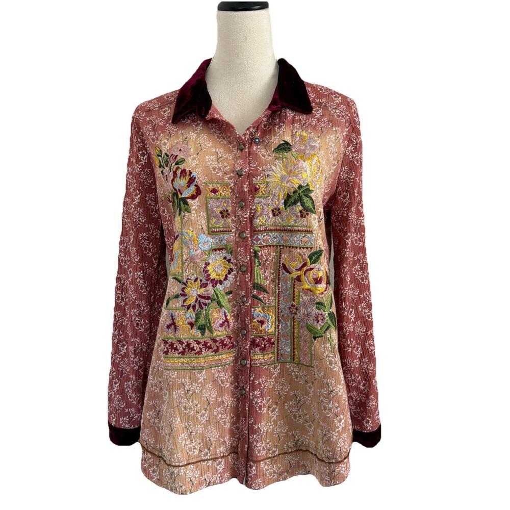 Aratta Silent Journey Tunic Shirt Small Boho Embroidered Velvet Trim Button Up